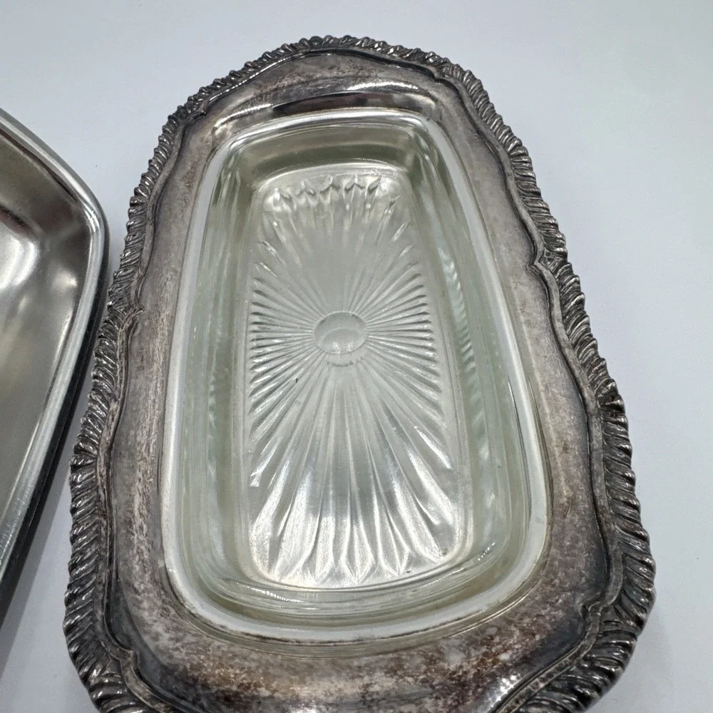 Vintage Webster-Wilcox Staffordshire Silverplate Butter Dish w/ Glass 4487